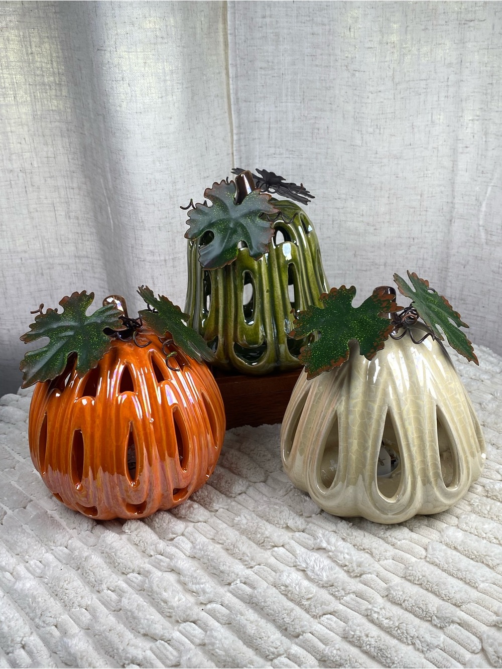 Vintage Iridescent Ceramic Pumpkin Luminary Set 3 Light Up Fall
